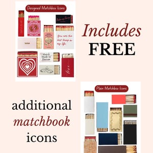 Puede incluir: Una colecci&oacute;n de iconos de cajas de cerillas dise&ntilde;adas y lisas. Las cajas de cerillas dise&ntilde;adas presentan varios gr&aacute;ficos y texto, incluyendo corazones, la palabra "love" y frases como "You are the best thing in my life." La imagen incluye el texto "Includes FREE".