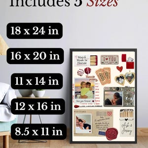 May include: A framed collage print featuring romantic imagery including photos of a couple, cinema tickets, a heart-shaped locket, a vintage camera, and a postcard. Text includes 'Match Made In Heaven', 'I LOVE YOU', and 'Ash & Jeremy'. Includes 5 sizes: 18 x 24 in, 16 x 20 in, 11 x 14 in, 12 x 16 in, and 8.5 x 11 in.