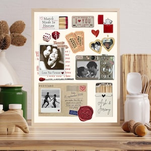 Puede incluir: Un collage enmarcado con recuerdos rom&aacute;nticos. Incluye fotos, una postal, cajas de cerillas, dados y objetos en forma de coraz&oacute;n. El texto incluye "Match Made in Heaven", "I You" y "Love You Forever."