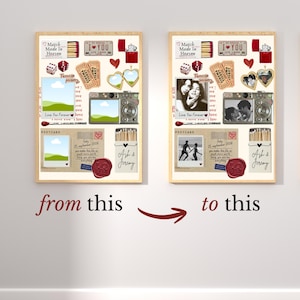 Puede incluir: Dos collages enmarcados con recuerdos rom&aacute;nticos, incluyendo fotos, postales y elementos decorativos. El marco izquierdo muestra una foto de paisaje, mientras que el marco derecho presenta una foto en blanco y negro. El texto incluye "Match Made in Heaven" y "Love You Forever."