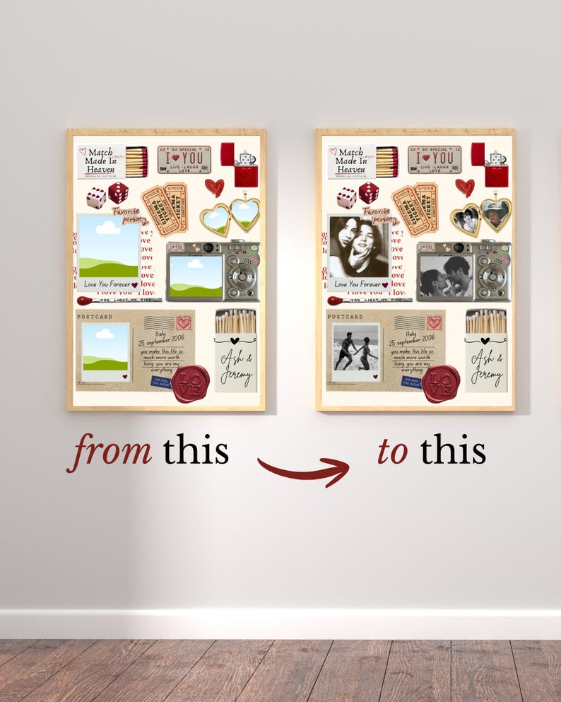 Puede incluir: Dos collages enmarcados con recuerdos rom&aacute;nticos, incluyendo fotos, postales y elementos decorativos. El marco izquierdo muestra una foto de paisaje, mientras que el marco derecho presenta una foto en blanco y negro. El texto incluye "Match Made in Heaven" y "Love You Forever."