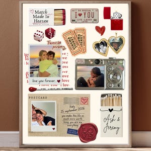 May include: A collage print featuring romantic imagery including a matchbox labeled Match Made In Heaven, a red lighter, two dice with hearts, cinema tickets, a heart-shaped locket, a digital camera, a postcard from Italy, and a matchbox with Ash & Jeremy.