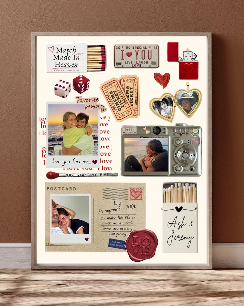 May include: A collage print featuring romantic imagery including a matchbox labeled Match Made In Heaven, a red lighter, two dice with hearts, cinema tickets, a heart-shaped locket, a digital camera, a postcard from Italy, and a matchbox with Ash & Jeremy.