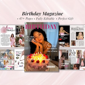 May include: A magazine titled "Birthday Magazine" with a woman on the cover, a birthday cake, and various articles. The magazine has the text "45+ Pages Fully Editable". The cover says "BIRTHDAY Volume 21".