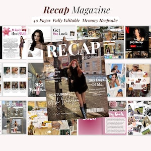 Recap Magazine Template Canva Year Review Recap Journal  Editable magazine template Photo collage Memory Book