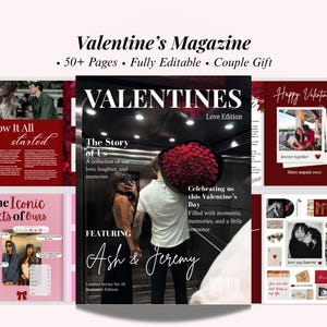 以下が含まれることがあります： 「Valentine's Magazine」の表紙で、「VALENTINES Love Edition」の文字があります。「The Story of Us」と「Celebrating us this Valentine's Day」の文字も含まれています。「Ash & Jeremy」の名前も表示されています。