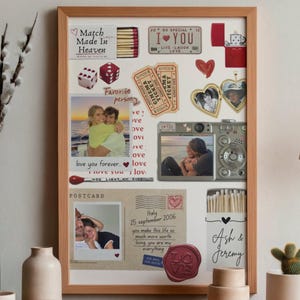 May include: A framed collage featuring a matchbox labeled Match Made In Heaven, a license plate reading I LOVE YOU, red dice, two cinema tickets, a heart-shaped locket, a digital camera, a postcard from Italy, and a matchbox labeled Ash & Jeremy.