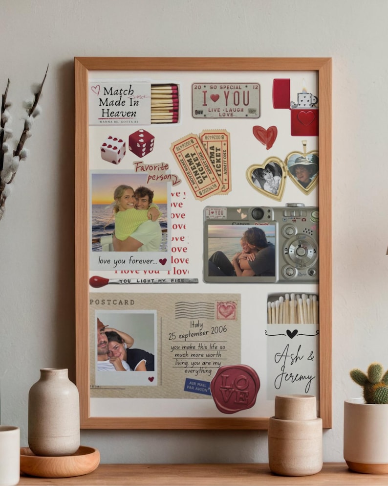 May include: A framed collage featuring a matchbox labeled Match Made In Heaven, a license plate reading I LOVE YOU, red dice, two cinema tickets, a heart-shaped locket, a digital camera, a postcard from Italy, and a matchbox labeled Ash & Jeremy.