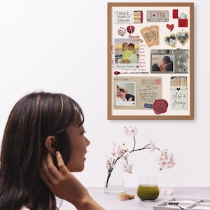 May include: A framed collage featuring photographs of a couple, matchboxes labeled Match Made In Heaven and Ash & Jeremy, cinema tickets, dice, a digital camera, a heart-shaped locket, a red wax seal, and a postcard with handwritten text dated 2006.