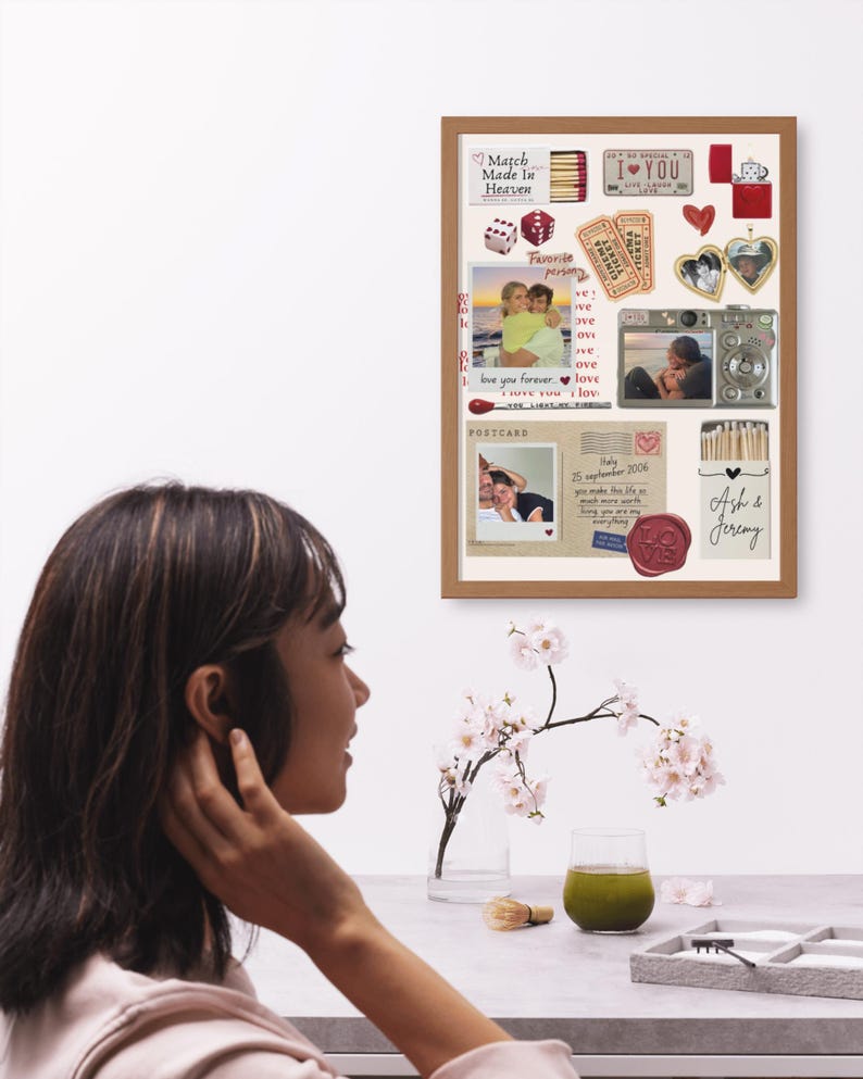 May include: A framed collage featuring photographs of a couple, matchboxes labeled Match Made In Heaven and Ash & Jeremy, cinema tickets, dice, a digital camera, a heart-shaped locket, a red wax seal, and a postcard with handwritten text dated 2006.
