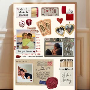 May include: A collage print featuring a matchbox labeled Match Made In Heaven, a red lighter, two dice, cinema tickets, a heart-shaped locket, a silver digital camera, a postcard from Italy dated September 25, 2006, and a matchbox labeled Ash & Jeremy.