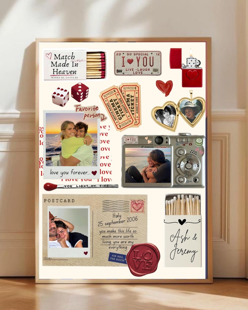 May include: A collage print featuring a matchbox labeled Match Made In Heaven, a red lighter, two dice, cinema tickets, a heart-shaped locket, a silver digital camera, a postcard from Italy dated September 25, 2006, and a matchbox labeled Ash & Jeremy.