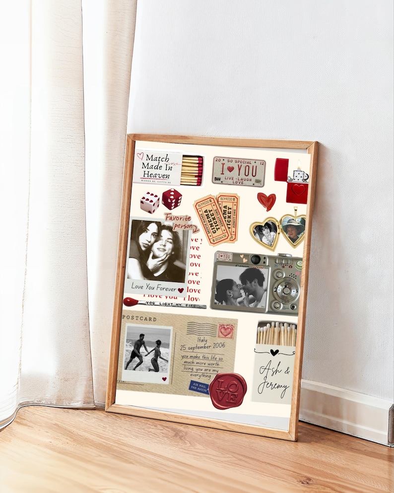 Puede incluir: Un collage enmarcado con borde de madera, con recuerdos rom&aacute;nticos. Incluye fotos, postales, cerillas, dados y el texto "Match Made in Heaven" y "I Love You". El collage tiene una est&eacute;tica vintage.