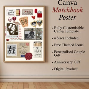 Puede incluir: Un p&oacute;ster Canva Matchbook enmarcado con elementos rom&aacute;nticos. Incluye fotos, boletos y el texto "I Love You Forever". El p&oacute;ster es un regalo personalizado para parejas, con iconos tem&aacute;ticos gratuitos.