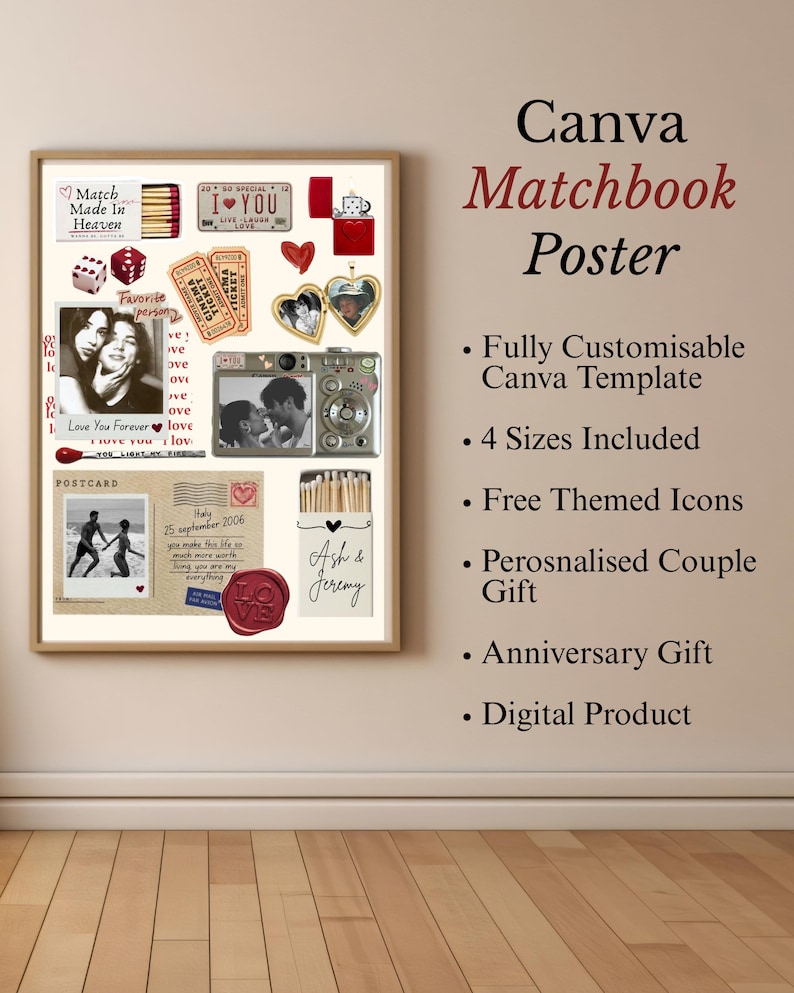 Puede incluir: Un p&oacute;ster Canva Matchbook enmarcado con elementos rom&aacute;nticos. Incluye fotos, boletos y el texto "I Love You Forever". El p&oacute;ster es un regalo personalizado para parejas, con iconos tem&aacute;ticos gratuitos.