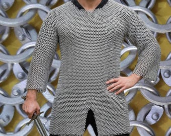Chainmail Shirt Aluminium: 10mm Flat Riveted with Solid Rings Hauberk, Halloween Costume
