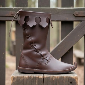 Puede incluir: Bota de cuero marrón con punta y borde superior festoneado. La bota presenta un diseño de cordones en el lateral y está fabricada con un material liso y duradero. La bota mide aproximadamente 30 cm de alto.
