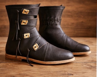 Wikinger-Lederstiefeletten - Mittelalterliche Renaissance-Schuhe, handgefertigte LARP-Schuhe, historisches Reenactment-Kostüm