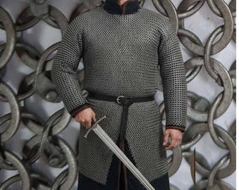 9mm Mild Steel Chainmail Hauberk – Round Riveted Chainmail Armor – Medieval LARP Reenactment Costume