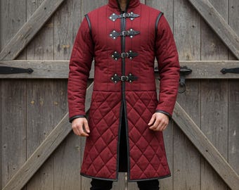 Medieval Long Gambeson with Black Leather Trim – Renfaire & LARP Halloween Costume