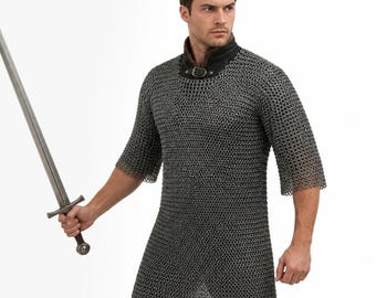 9mm Round Riveted  Chainmail Shirt,  Short Sleeve Hauberk LARP Armor Costume