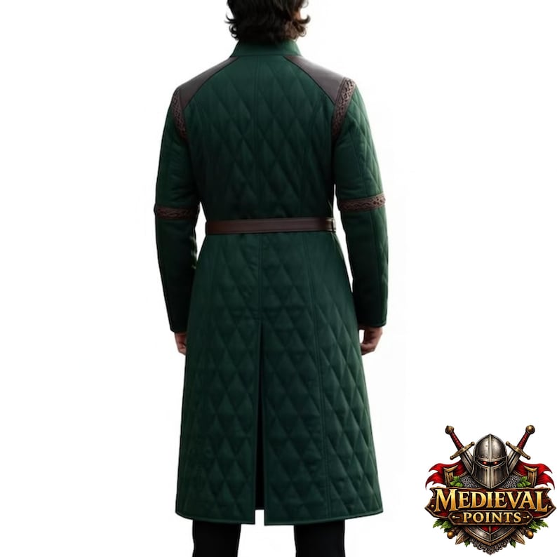 May include: A dark green quilted coat with brown leather accents on the shoulders and sleeves. The coat has a diamond pattern and a brown belt. The coat is long and reaches the knees. The Medieval Points logo is in the bottom right corner.