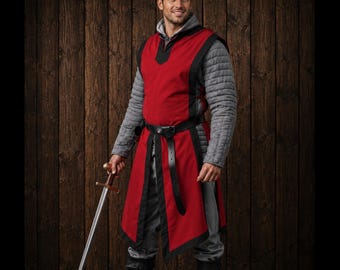 Medieval Tabard Men, Renaissance Tunic Red Black, LARP Costume Cotton, Knight Overcoat, Reenactment