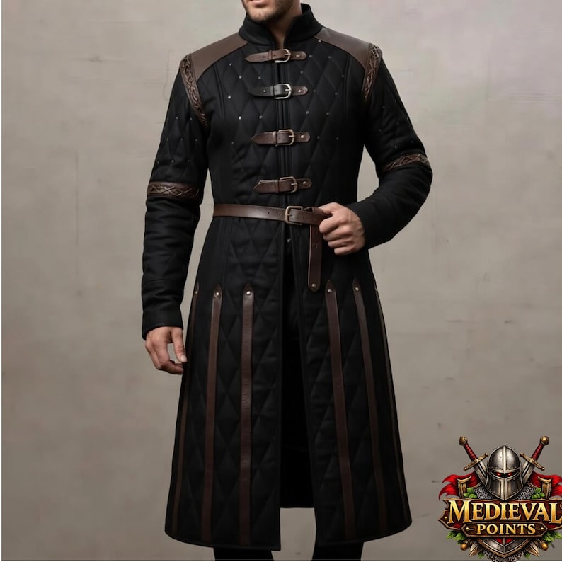 Crimson Sovereign Medieval Gambeson – Long Quilted Knight’s War Coat Black