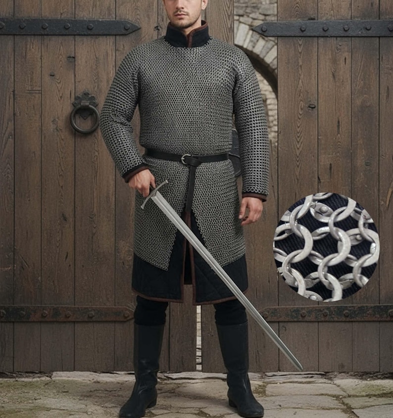 May include: A medieval chainmail shirt with long sleeves and a high collar, worn with a black belt and boots. The shirt is paired with a long sword. The image includes a close-up of the chainmail texture.