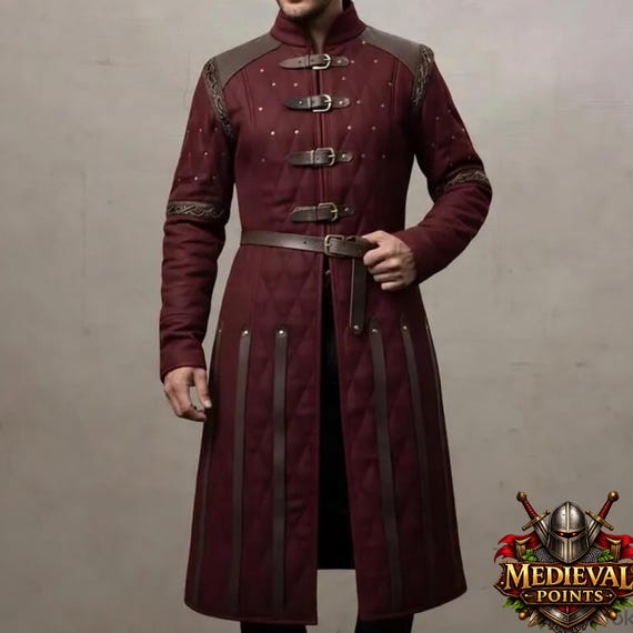 Medieval Padded Gambeson: Brown Leather Trim Viking Costume for LARP & Reenactment