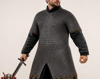 Viking Chainmail Hauberk | Handmade Medieval Mail Armor Shirt with Brass Ring Trim
