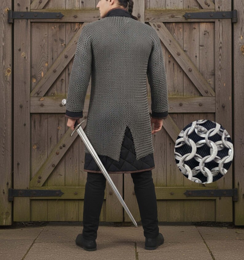 May include: A silver chainmail shirt with long sleeves and a split hem, worn over black pants and a quilted undergarment. A long silver sword is held at the side. The background is a wooden door.