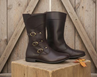 Medieval Black Leather Reenactment Boots | Viking Shoes for Ren Faire & LARP