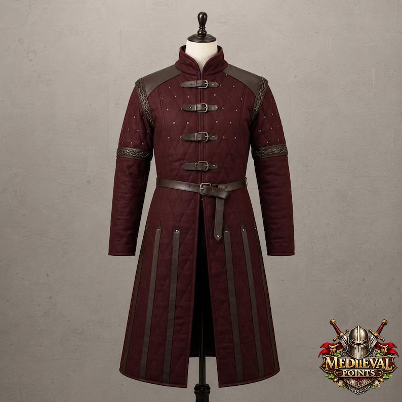 Crimson Sovereign Medieval Gambeson – Long Quilted Knight’s War Coat image 2