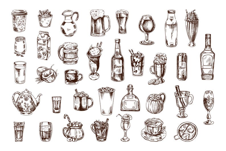 Vintage Hand Drawn Drinks Clipart Set, Beverage Illustrations PNG SVG ...