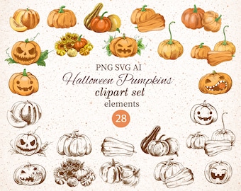 Vintage Halloween Pumpkin Clipart Set, Hand-Drawn Sketch (SVG, PNG, AI)