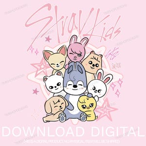 May include: A digital illustration featuring cartoon animal characters in various colors, including a light blue wolf, a pink pig, and a yellow chick. The word "Stray Kids" is written in pink script above the characters, with the text "DOWNLOAD DIGITAL" below.
