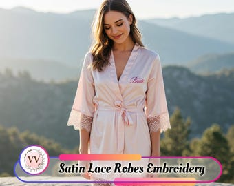 Personalized Satin Lace Embroidery Robe Custom Name & Initials Luxury Loungewear for Women Bride / Bridesmaid Gift Anniversary Gift for Her