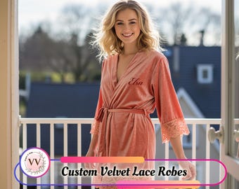 Custom Velvet Robe with Lace Elegant Long Bridal Robe, Bridesmaid Party Wear, Women’s Cozy Velvet Loungewear, Winter Wrap Robe, Gift for Her