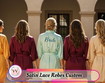 Personalized Satin Lace Robe for Women | Bridesmaid Gift, Bridal Party Getting Ready, Wedding Morning Loungewear, Spa & Luxury Home Robe