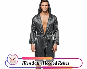 Men’s Custom Satin Hooded Robe Personalized Name Robe for Him Soft Satin Nightwear Groom Gift Bachelor Party Robe for Men Custom Text Robe