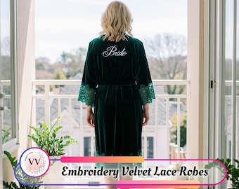 Custom Velvet Robe with Lace & Embroidery | Personalized Bridal Robe, Bridesmaid Party Wear, Cozy Velvet Loungewear, Elegant Winter Wrap