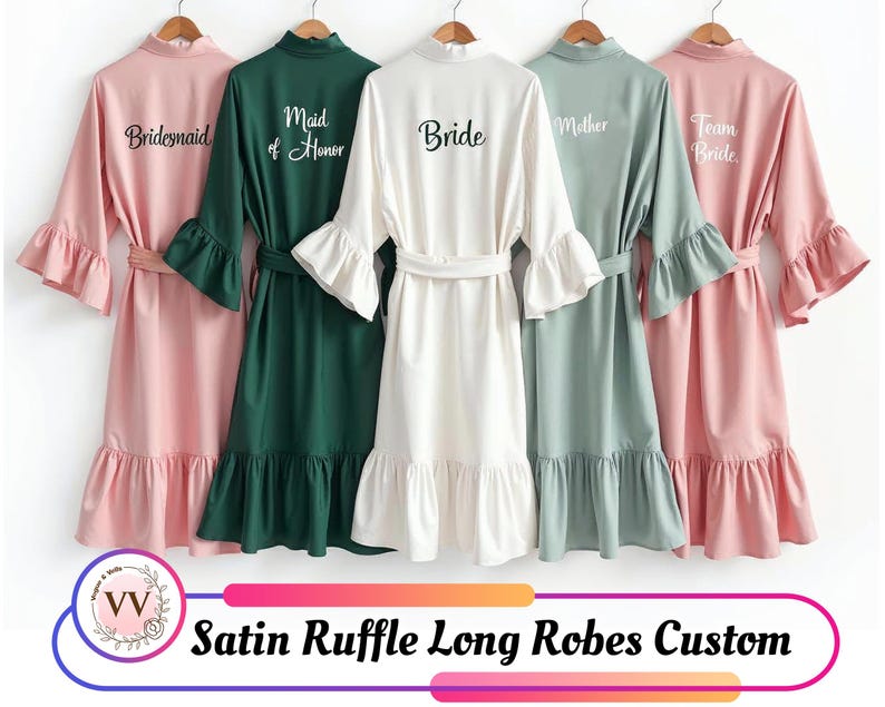 Bridal Robe Ruffle Personalized Satin Long Ruffle Robe for Women Bridal & Bridesmaid ...