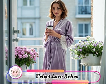 Custom Velvet Robe with White Lace | Luxury Bridal Velvet Robe, Bridesmaid Party Wear, Brides Gifts,  Cozy Velvet Loungewear, Gift for Her