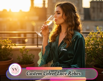 Women’s Lace Velvet Long Robe | Custom Bridal Lace Robe, Bridesmaid Party Wear, Soft Cozy Velvet Loungewear, Elegant Winter Gift for Her