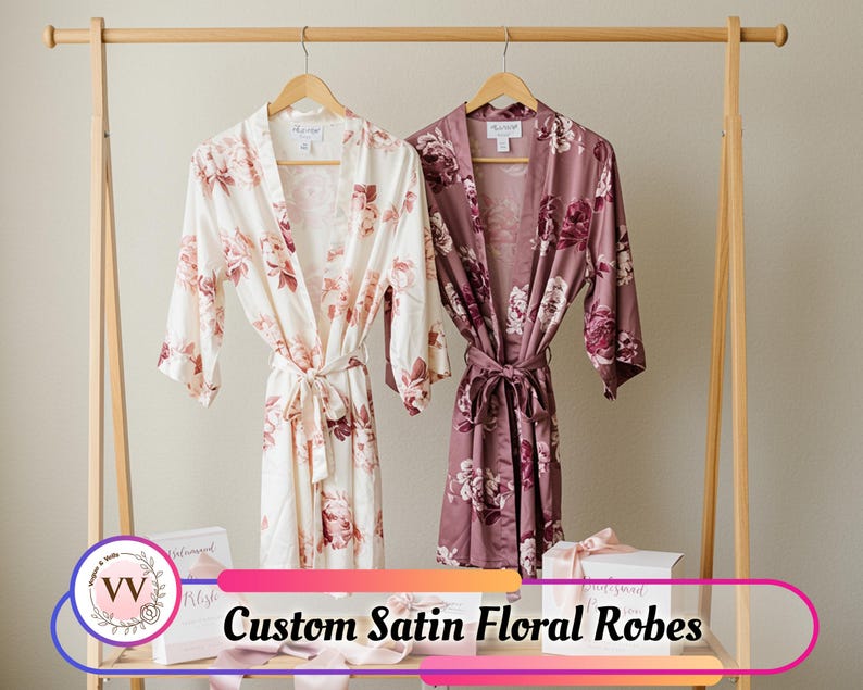 Pink Robe Hanging Women’s Customized Satin Floral Robe Custom Text & Logo Bridal Robe ...