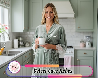 Velvet Women's Robe with White Lace | Bridal Getting Ready Robe, Bridesmaid Gift, Cozy Velvet Wrap, Luxury Loungewear, Perfect Gift for Her