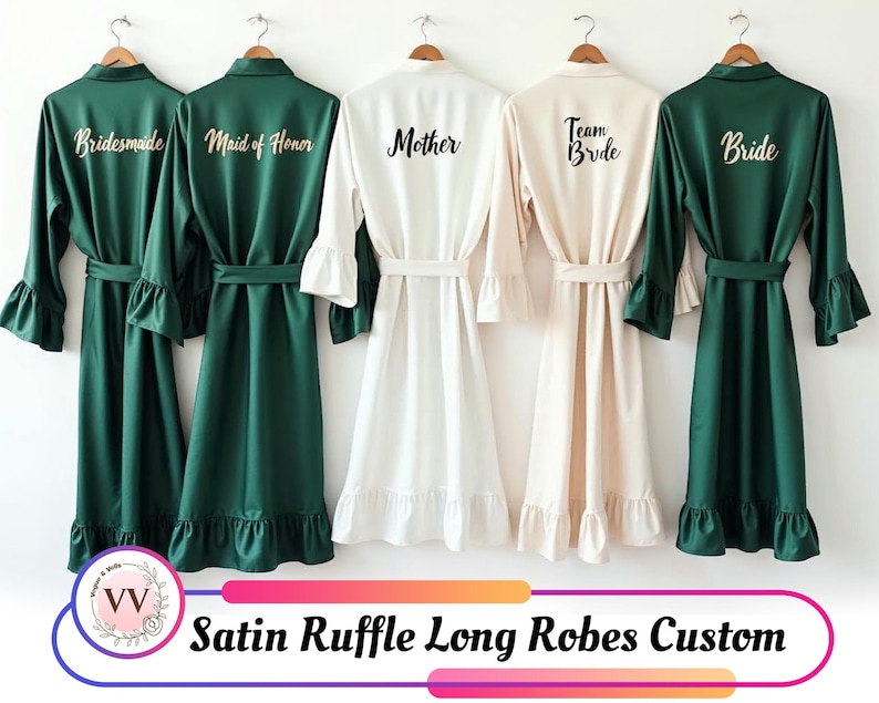 Various Event Robe Personalized Satin Long Ruffle Robe for Women Bridal & Bridesmaid ...