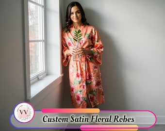 Soft Satin Floral Customized Robe for Women | Personalized Bridal Lounge Wear, Bridesmaid Gift Robe, Customized Name and Logo Robe