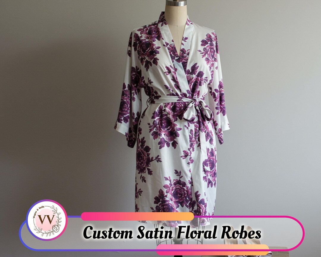 Decorated Robe Luxury Personalized Satin Floral Robe | Custom Text Logo Lounge Wrap ...